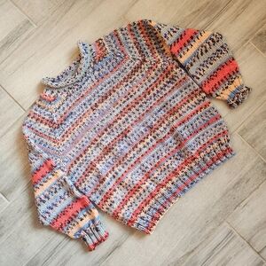 Handmade sweater kids 12 blue orange striped knit mock neck nordic winter cozy
